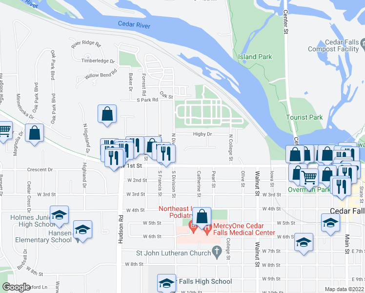 map of restaurants, bars, coffee shops, grocery stores, and more near 1209 West 1st Street in Cedar Falls