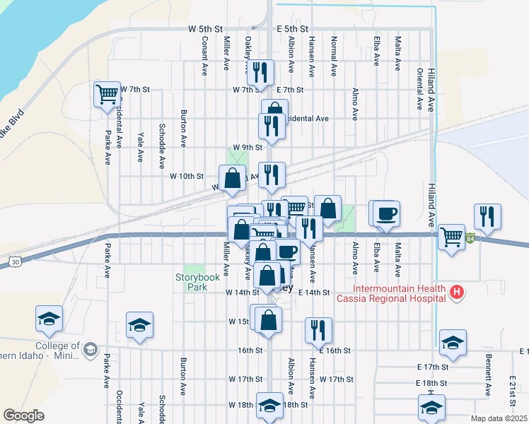 map of restaurants, bars, coffee shops, grocery stores, and more near 112 East Main Street in Burley