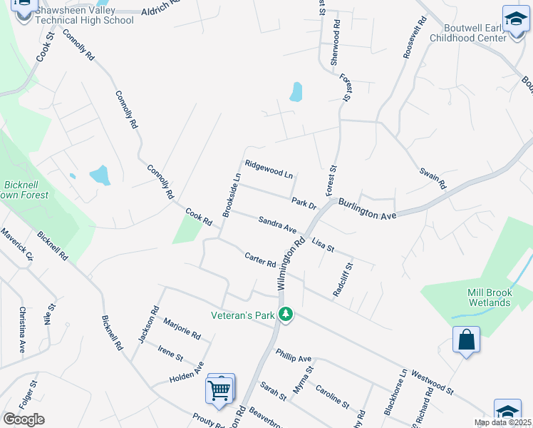 map of restaurants, bars, coffee shops, grocery stores, and more near 7 Sandra Avenue in Burlington