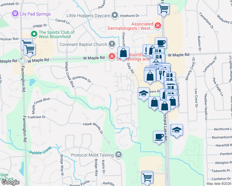 map of restaurants, bars, coffee shops, grocery stores, and more near 704 Applewood in West Bloomfield Township