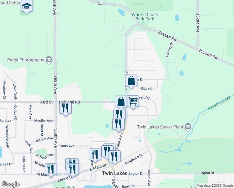 map of restaurants, bars, coffee shops, grocery stores, and more near 701 North Lake Avenue in Twin Lakes