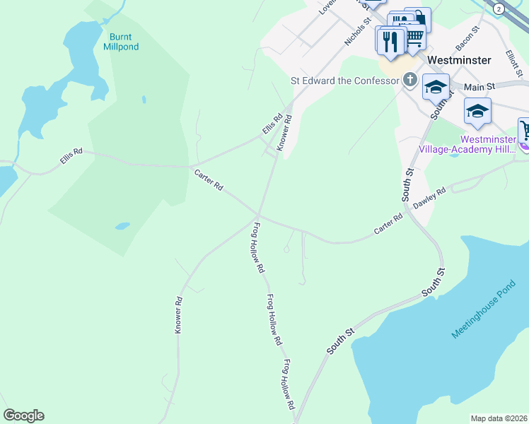 map of restaurants, bars, coffee shops, grocery stores, and more near 35 Carter Road in Westminster
