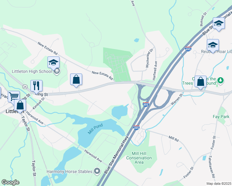 map of restaurants, bars, coffee shops, grocery stores, and more near 50 Mill Road in Littleton
