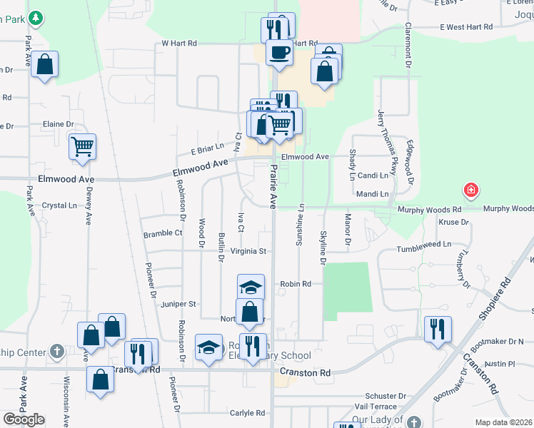 map of restaurants, bars, coffee shops, grocery stores, and more near 2425 County Highway G in Beloit
