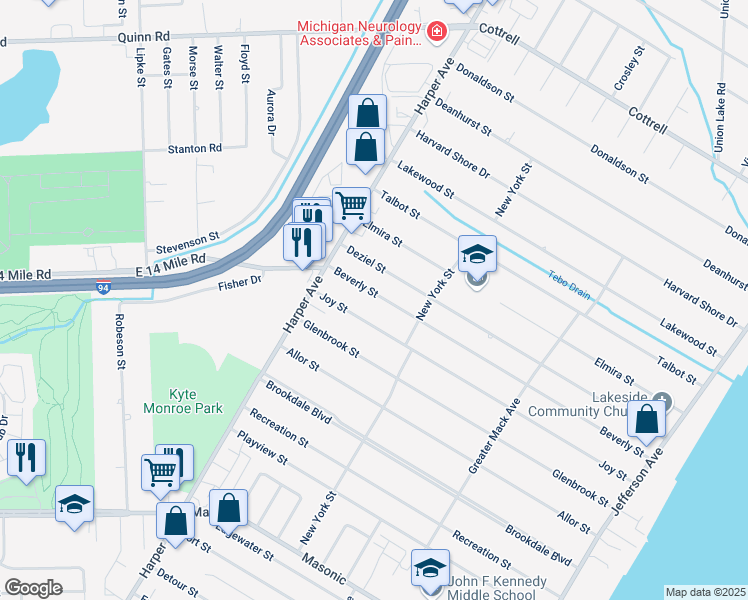 map of restaurants, bars, coffee shops, grocery stores, and more near 23113 Joy Street in St. Clair Shores