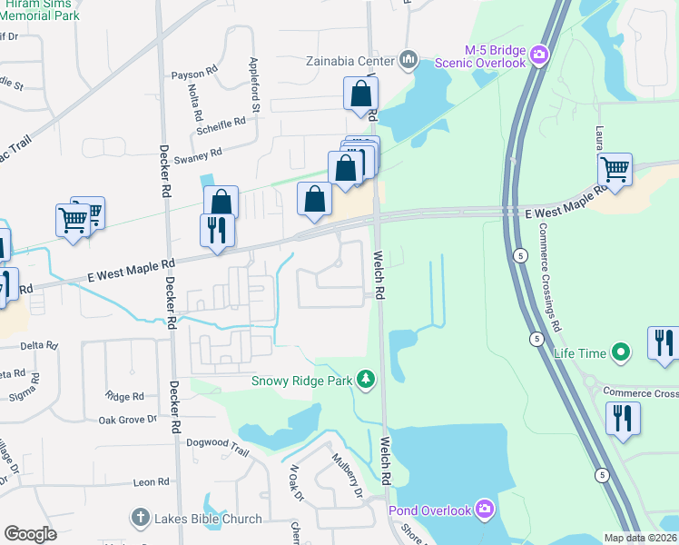map of restaurants, bars, coffee shops, grocery stores, and more near 2118 Red Maple Lane in Commerce Charter Township