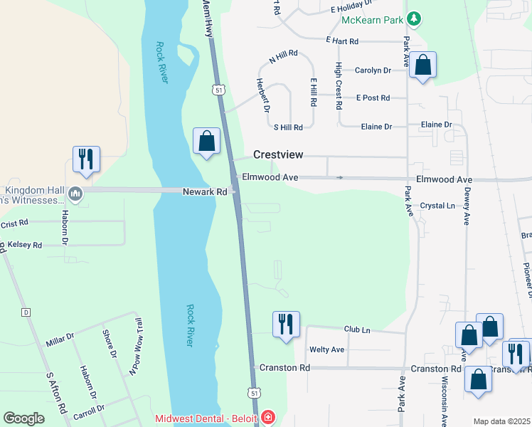 map of restaurants, bars, coffee shops, grocery stores, and more near 2407 South Riverside Drive in Beloit
