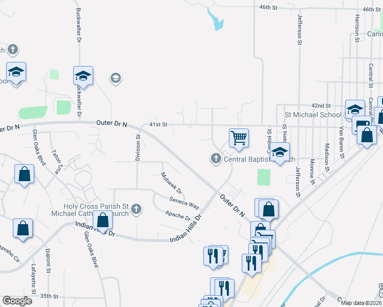 map of restaurants, bars, coffee shops, grocery stores, and more near 2301-2561 Outer Drive North in Sioux City