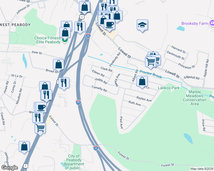 map of restaurants, bars, coffee shops, grocery stores, and more near 16 Tumelty Road in Peabody