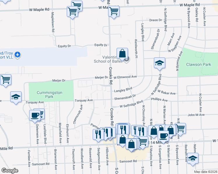 map of restaurants, bars, coffee shops, grocery stores, and more near 1743 Wickham Street in Royal Oak