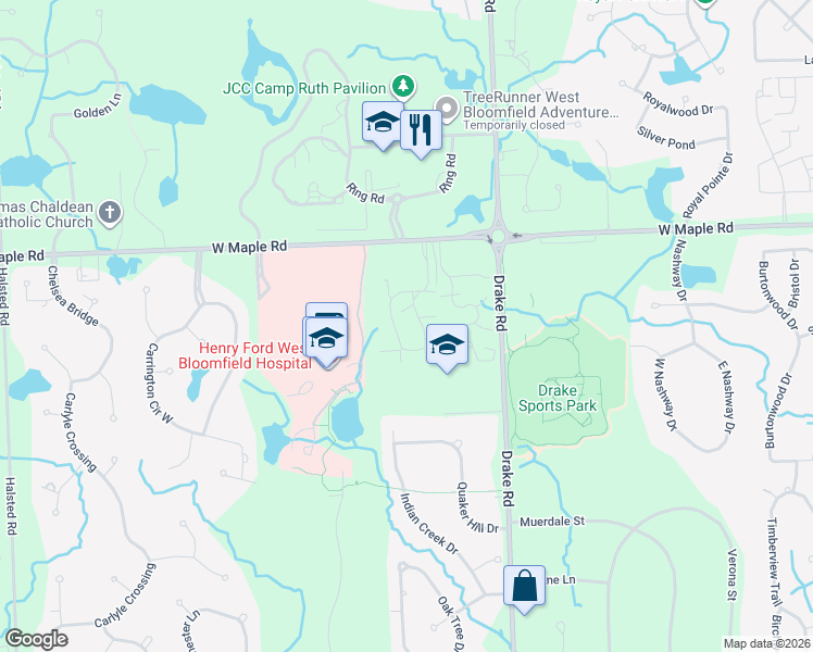 map of restaurants, bars, coffee shops, grocery stores, and more near 6660 Ridgefield Circle in West Bloomfield Township