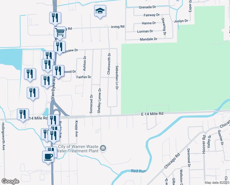 map of restaurants, bars, coffee shops, grocery stores, and more near 33467 Sebastian Lane Drive in Sterling Heights