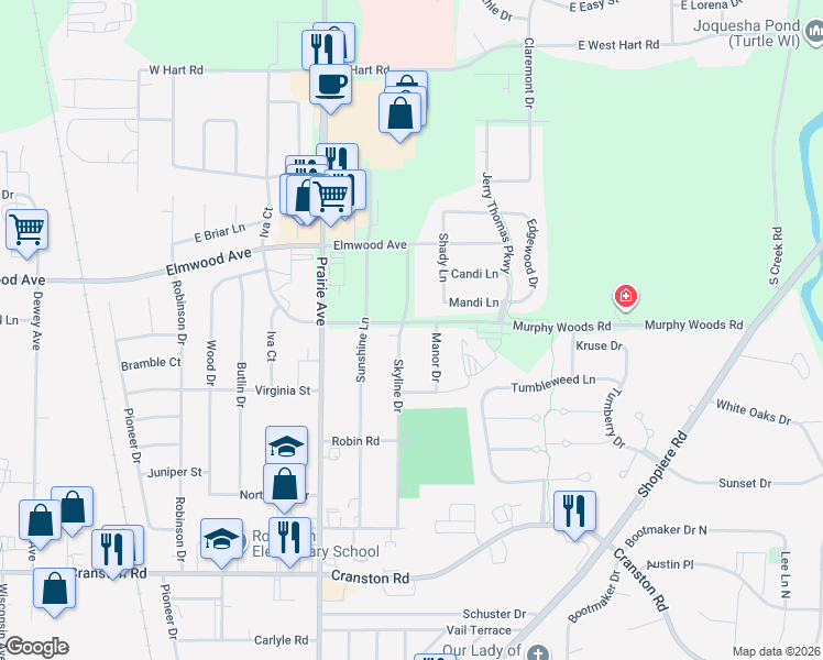 map of restaurants, bars, coffee shops, grocery stores, and more near 2518 Skyline Drive in Beloit