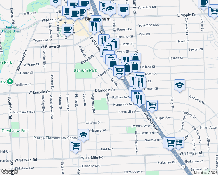 map of restaurants, bars, coffee shops, grocery stores, and more near 575 East Lincoln Street in Birmingham