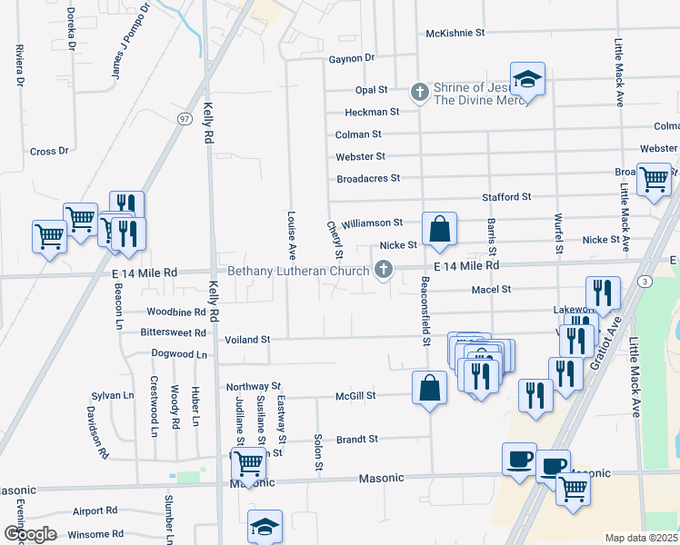 map of restaurants, bars, coffee shops, grocery stores, and more near 32864 Amberidge Dr in Roseville