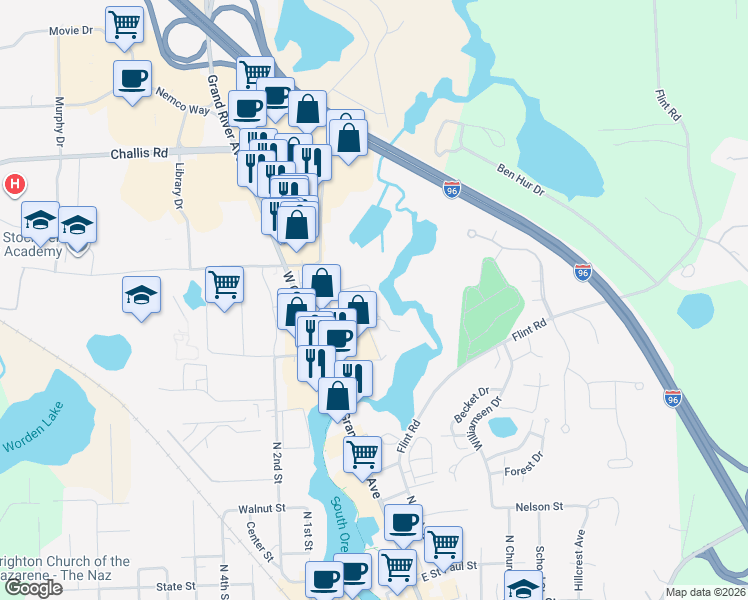 map of restaurants, bars, coffee shops, grocery stores, and more near 8643 Wayside Drive in Brighton