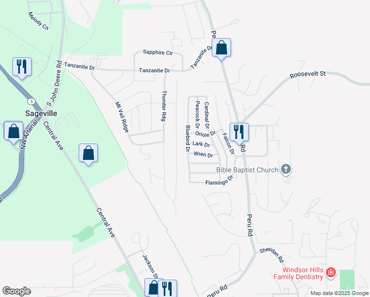 map of restaurants, bars, coffee shops, grocery stores, and more near 4129 Bluebird Drive in Dubuque