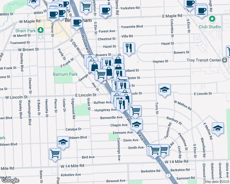 map of restaurants, bars, coffee shops, grocery stores, and more near 34190 South Worth Street in Birmingham