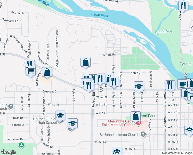map of restaurants, bars, coffee shops, grocery stores, and more near 1529 Theimer Street in Cedar Falls