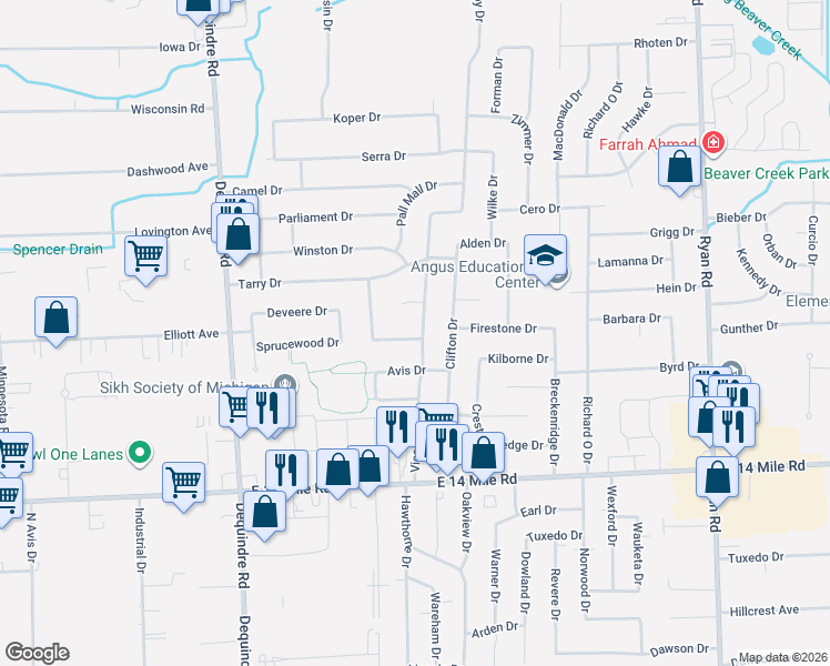 map of restaurants, bars, coffee shops, grocery stores, and more near 33715 Sano Court in Sterling Heights
