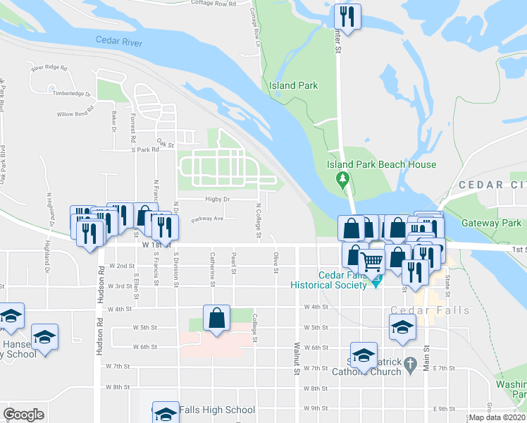map of restaurants, bars, coffee shops, grocery stores, and more near 225 North College Street in Cedar Falls
