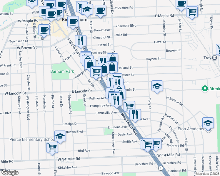 map of restaurants, bars, coffee shops, grocery stores, and more near 34000 Woodward Avenue in Birmingham