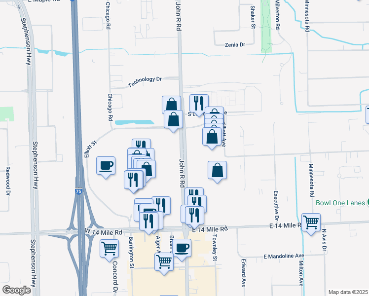 map of restaurants, bars, coffee shops, grocery stores, and more near 500 John R Road in Troy