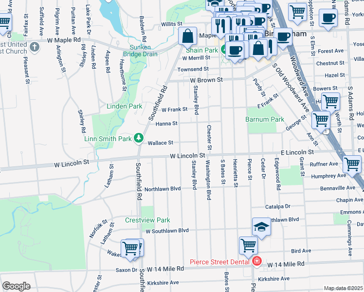 map of restaurants, bars, coffee shops, grocery stores, and more near 564 Wallace Street in Birmingham