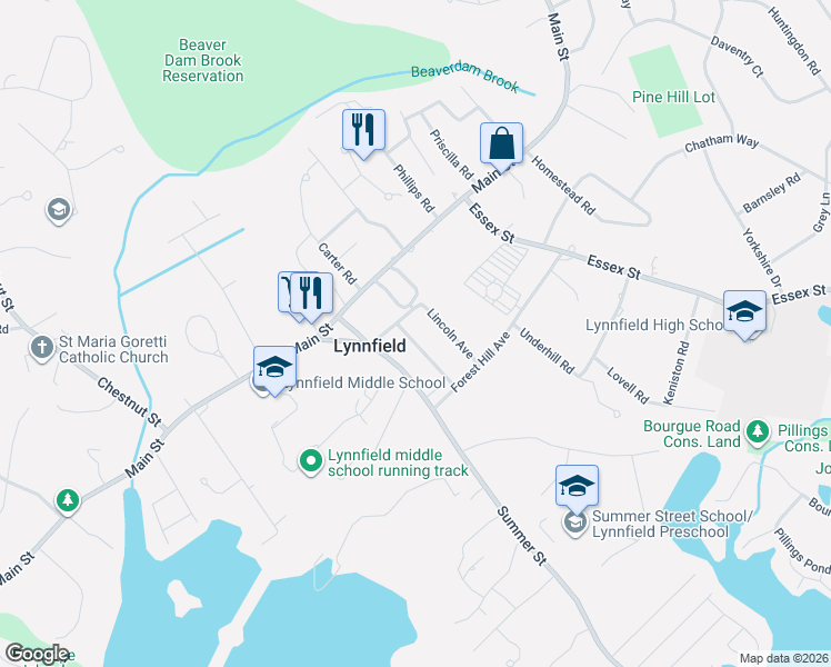 map of restaurants, bars, coffee shops, grocery stores, and more near 59 Howard Avenue in Lynnfield