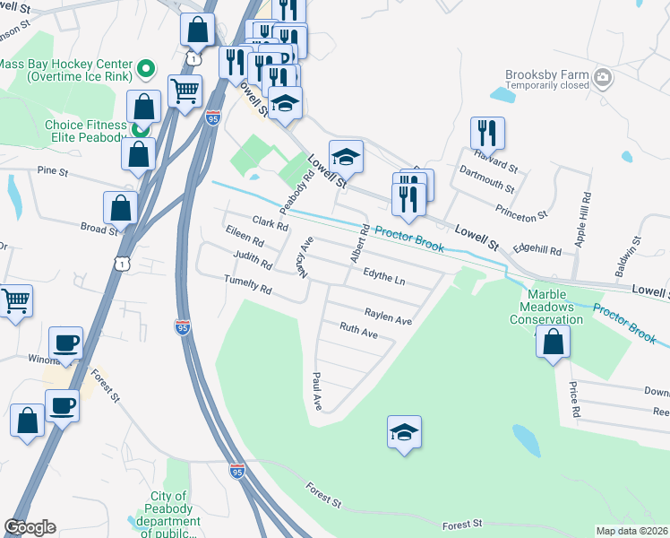 map of restaurants, bars, coffee shops, grocery stores, and more near 24 Nancy Avenue in Peabody