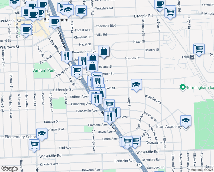 map of restaurants, bars, coffee shops, grocery stores, and more near 1287 Cole Street in Birmingham