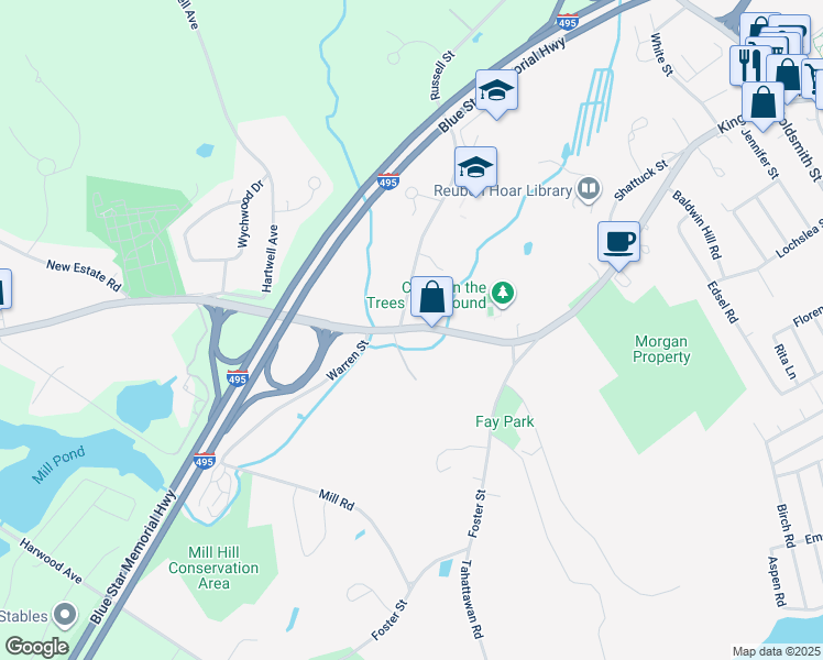 map of restaurants, bars, coffee shops, grocery stores, and more near 6 Russell Street in Littleton