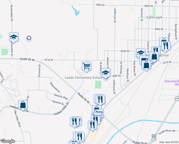 map of restaurants, bars, coffee shops, grocery stores, and more near 3132 41st Street in Sioux City
