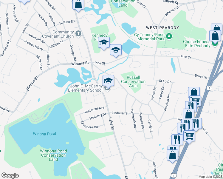 map of restaurants, bars, coffee shops, grocery stores, and more near 76 Lake Street in Peabody