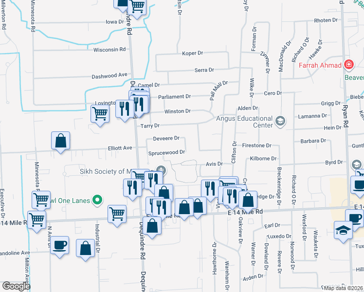 map of restaurants, bars, coffee shops, grocery stores, and more near 2107 Deveere Drive in Sterling Heights