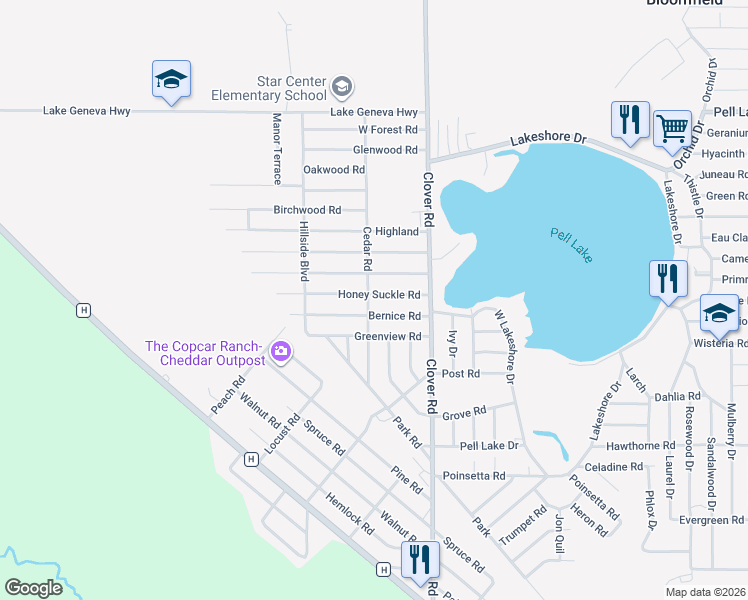 map of restaurants, bars, coffee shops, grocery stores, and more near 1350 Honey Suckle Road in Genoa City