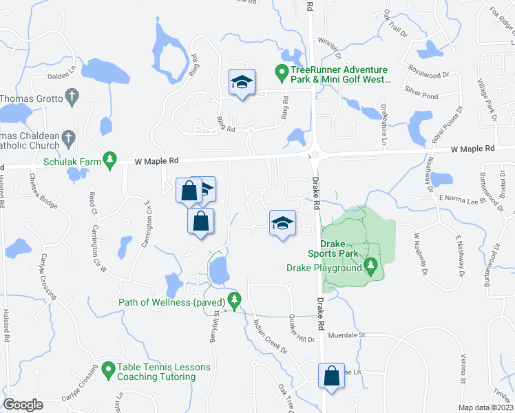 map of restaurants, bars, coffee shops, grocery stores, and more near 6740 Ridgefield Circle in West Bloomfield Township