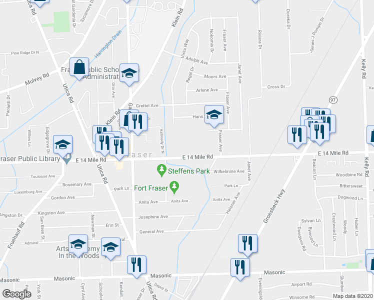 map of restaurants, bars, coffee shops, grocery stores, and more near 17095 East 14 Mile Road in Fraser