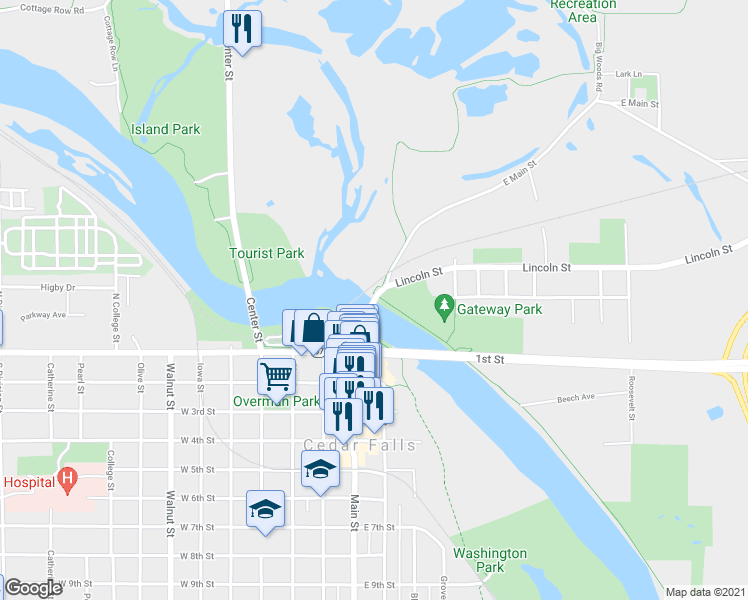 map of restaurants, bars, coffee shops, grocery stores, and more near 15 Main Street in Cedar Falls