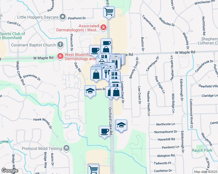 map of restaurants, bars, coffee shops, grocery stores, and more near 6698 Orchard Lake Road in West Bloomfield Township