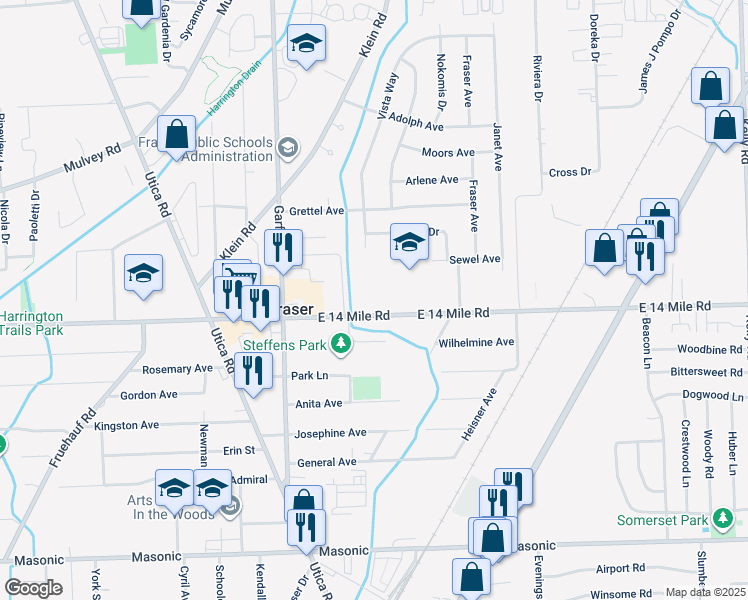 map of restaurants, bars, coffee shops, grocery stores, and more near 17095 East 14 Mile Road in Fraser