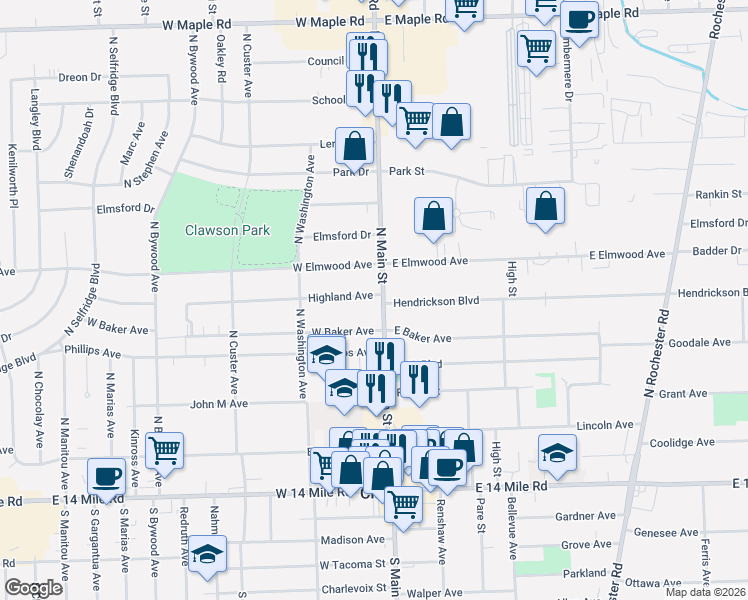 map of restaurants, bars, coffee shops, grocery stores, and more near 830 North Main Street in Clawson