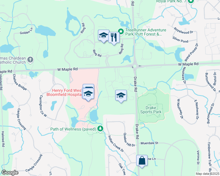 map of restaurants, bars, coffee shops, grocery stores, and more near 6740 Ridgefield Circle in West Bloomfield Township