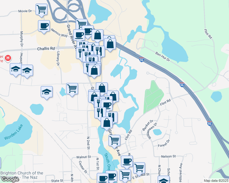 map of restaurants, bars, coffee shops, grocery stores, and more near 8643 Wayside Drive in Brighton
