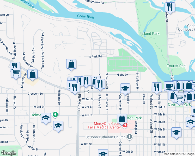 map of restaurants, bars, coffee shops, grocery stores, and more near 309 North Ellen Street in Cedar Falls