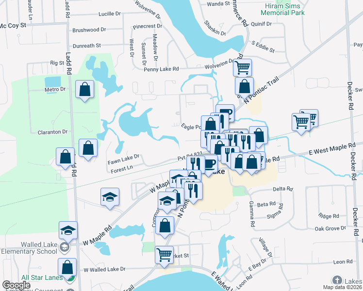 map of restaurants, bars, coffee shops, grocery stores, and more near 234 Spring Park in Walled Lake