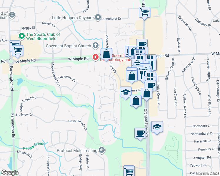 map of restaurants, bars, coffee shops, grocery stores, and more near 6684 Andiron Court in West Bloomfield Township