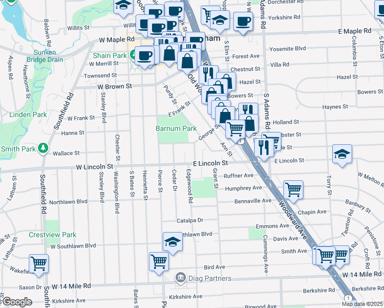 map of restaurants, bars, coffee shops, grocery stores, and more near 312 George Street in Birmingham