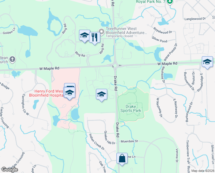 map of restaurants, bars, coffee shops, grocery stores, and more near 6579 Maple Lakes Drive in West Bloomfield Township