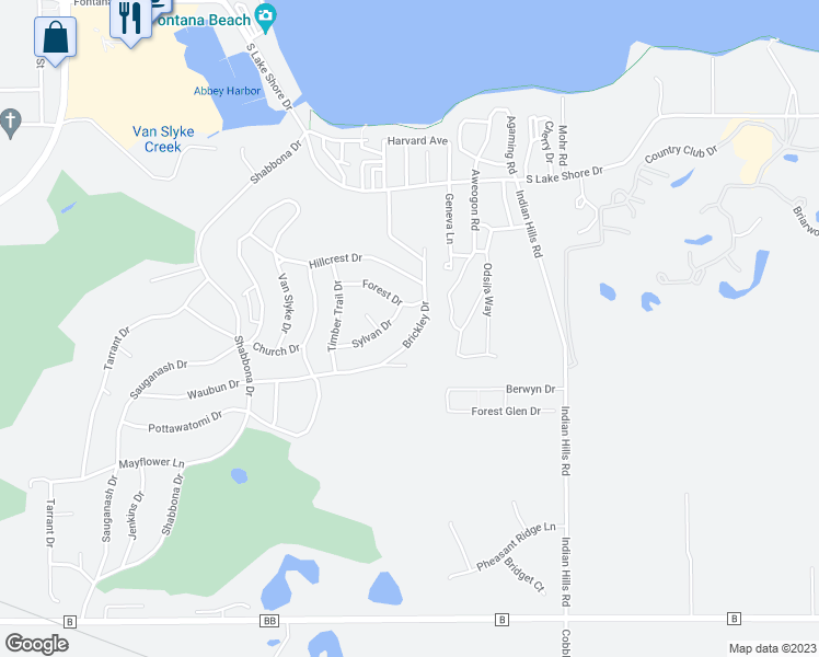 map of restaurants, bars, coffee shops, grocery stores, and more near 856 Brickley Drive in Fontana-on-Geneva Lake